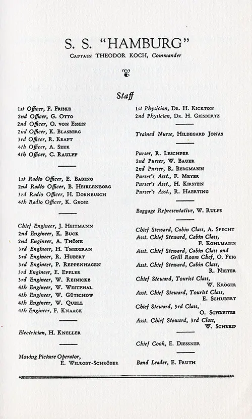 List of Senior Officers and Staff, SS Hamburg First, Tourist, and Third Class Passenger List, 4 June 1936.