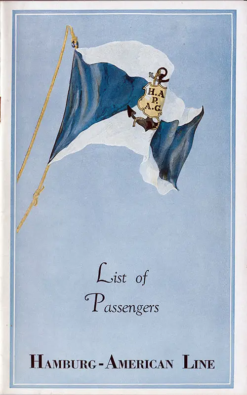 Front Cover of a Cabin, Tourist, and Third Class Passenger List for the SS Hamburg of the Hamburg America Line, Departing Thursday, 2 July 1936 from New York to Hamburg via Cherbourg and Southampton