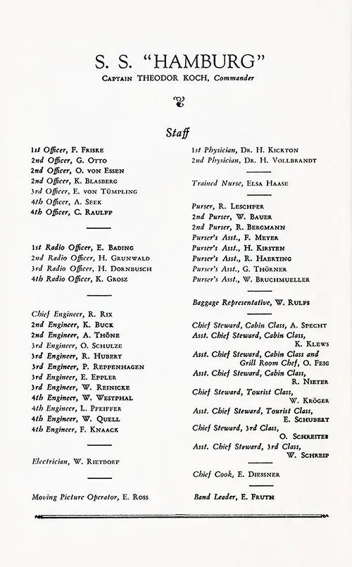 List of Senior Officers and Staff, SS Hamburg Cabin, Tourist, and Third Class Passenger List, 2 July 1936.