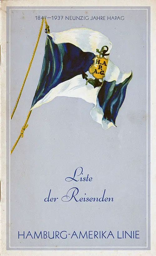 Front Cover of a Passenger List (Class not Stated) for the SS Hamburg of the Hamburg America Line, Departing 2 September 1937 from Hamburg to New York via Southampton and Cherbourg