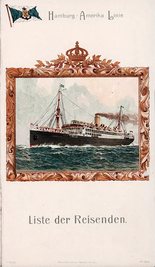 Front Cover of a First Class Passenger List for the SS König Wilhelm II of the Hamburg America Line, Departing 20 September 1909 from Hamburg to La Plata