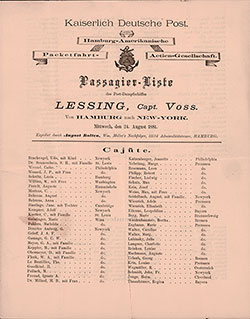 Passenger Manifest for the Steamer Lessing of the Hamburg Amerika Linie, 1881