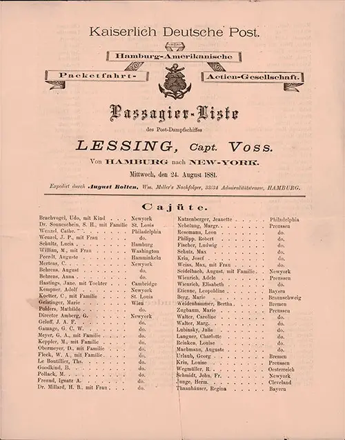 Front Cover of a Cabin and Steerage Passenger List for the SS Lessing of the Hamburg America Line, Departing Wednesday, 24 August 1881 from Hamburg to New York
