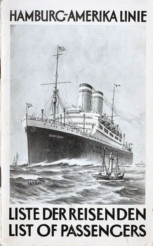 Front Cover - Passenger Manifest, SS New York, Hamburg America Line, January 1929