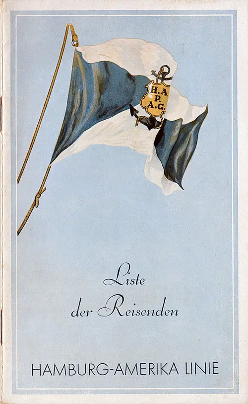 Front Cover of a First and Tourist Class Passenger List for the SS New York of the Hamburg America Line, Departing Thursday, 9 August 1934 from Hamburg to New York