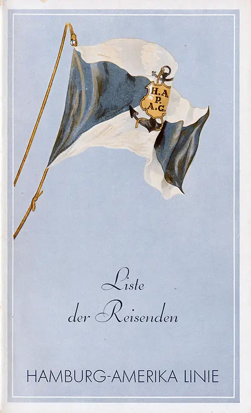 Front Cover of a First Class and Tourist Passenger List from the SS New York of the Hamburg America Line, Departing Thursday, 6 September 1934 from Hamburg to New York via Southampton and Cherbourg