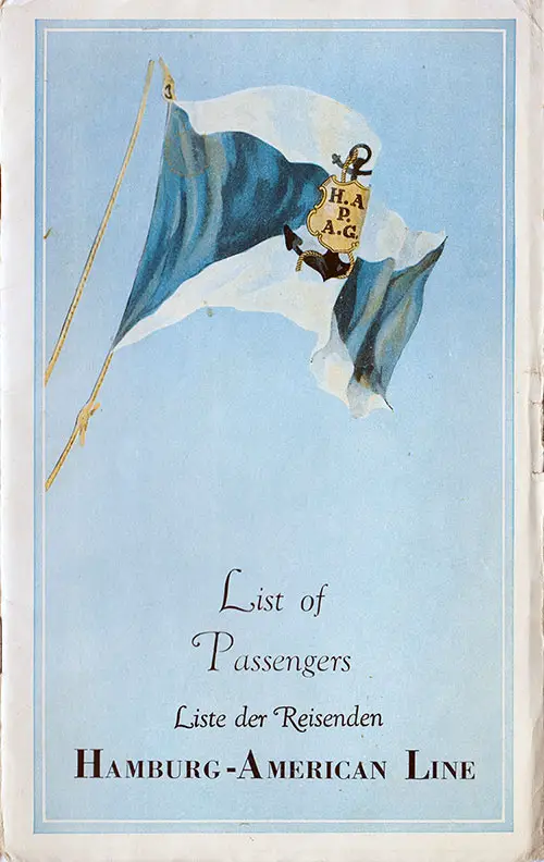 Front Cover of a Cabin, Tourist, and Third Class Passenger List for the SS New York of the Hamburg America Line, Departing Thursday, 8 June 1939 from New York to Hamburg