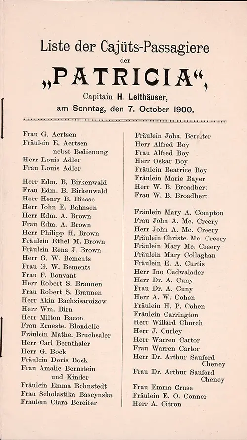 Passenger Manifest, North German Lloyd SS Patricia, Oct 1900