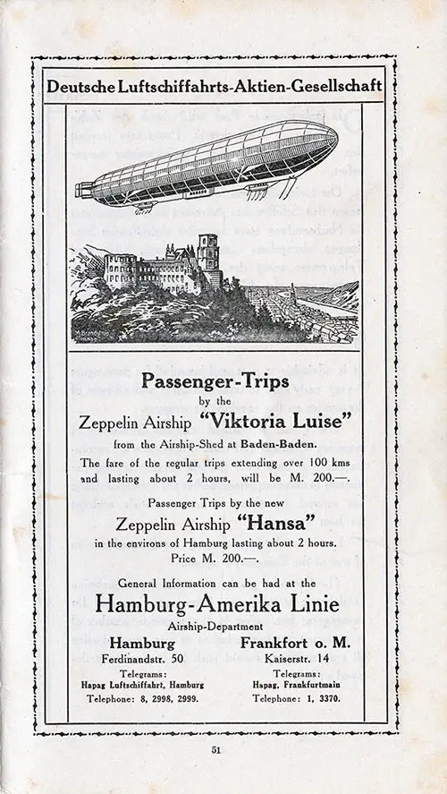 Advertisement for the Zeppelin Airships "Viktoria Luise" and "Hansa" of the Hamburg-American Line, 1912.