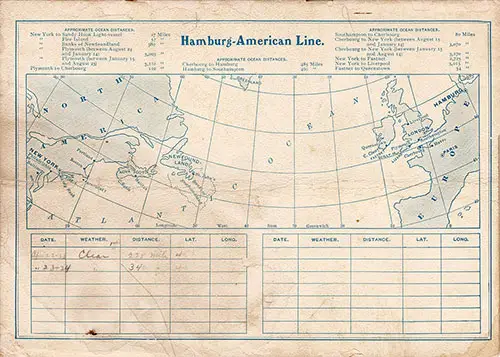 Track Chart and Extract of Log, Cabin Passenger List for the SS Pennsylvania of the Hamburg America Line, Departing 22 April 1902.