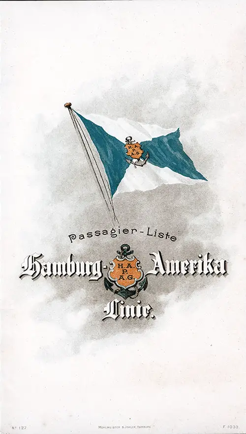 Front Cover of a First and Second Cabin Passenger List for the SS Pretoria of the Hamburg America Line, Departing 22 August 1903 from Hamburg to New York via Plymouth and Boulogne-sur-Mer