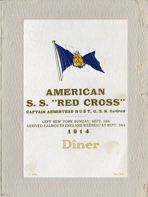 Front Cover of a Special Passenger List of Doctors, Nurses and Officers for the SS Red Cross of the Hamburg America Line, Departing 13 September 1914 from New York to Falmouth, England