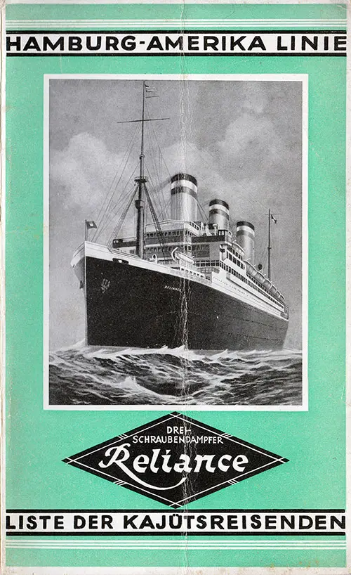 Front Cover of a First and Second Cabin Passenger List for the SS Reliance of the Hamburg America Line, Departing 30 July 1927 from Hamburg to New York via Southampton and Cherbourg