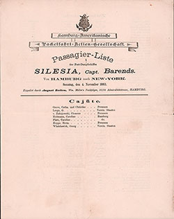 1883-11-04 Passenger Manifest for the SS Silesia