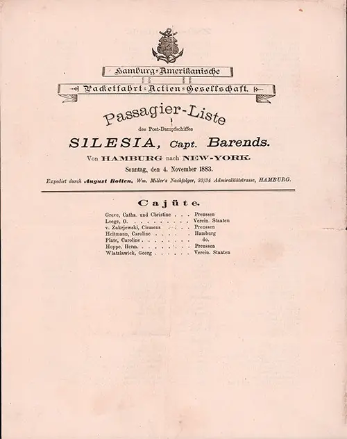 Front Cover of a Cabin and Steerage Passenger List for the SS Silesia of the Hamburg America Line, Departing Sunday, 4 November 1883 from Hamburg to New York