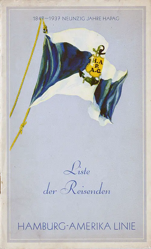 Front Cover of a Cabin, Tourist, and Third Class Passenger List from the SS Stuttgart of the Hamburg America Line, Departing Tuesday, 14 September 1937 from Hamburg to New York