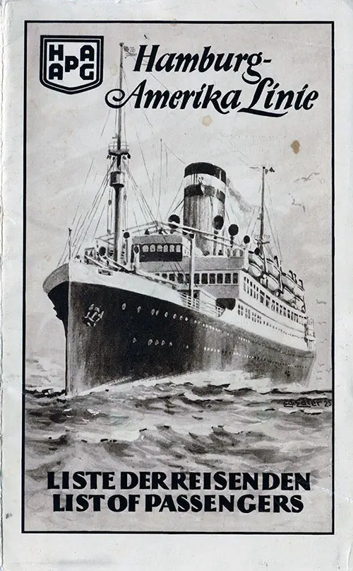 Front Cover of a Third Class Passenger List for the SS Thuringia of the Hamburg America Line, Departing 14 September 1927 from Hamburg to New York