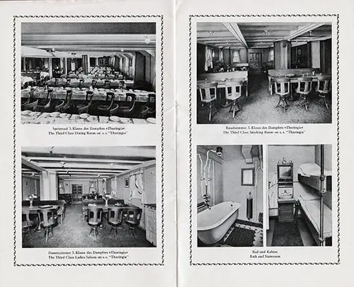 Views of the Third Class on the SS Thuringia: Third Class Dining Room; Third Class Ladies Saloon; Third Class Smoking Room; Bath and Stateroom.