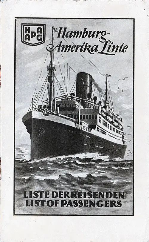 Front Cover of a Third Class Passenger List for the SS Westphalia of the Hamburg America Line, Departing 18 August 1926 from Hamburg to New York and Boston via Cobh (Queenstown)