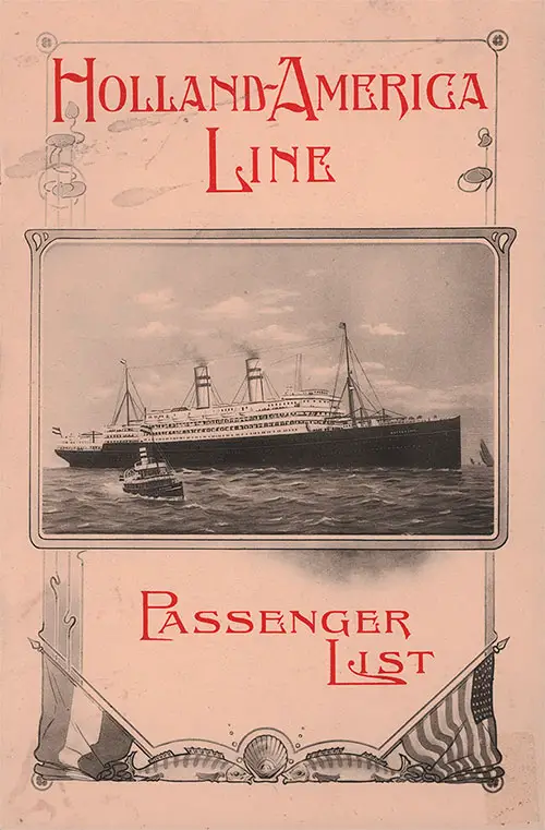 Front Cover of a Cabin Passenger List for the TSS Nieuw Amsterdam of the Holland-America Line, Departing 20 June 1908 from Rotterdam to New York via Boulogne-sur-Mer