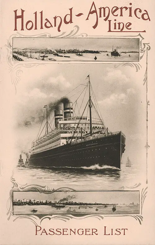 Front Cover of a Cabin Passenger List for the TSS Potsdamof the Holland-America Line, Departing 18 September 1909 from Rotterdam to New York via Boulogne-sur-Mer