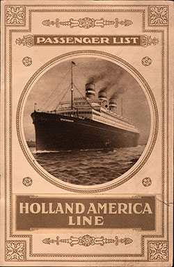 Front Cover of a Cabin Passenger List from the SS Potsdam of the Holland-America Line, Departing Saturday, 2 August 1913 from Rotterdam to New York via Boulogne-sur-Mer
