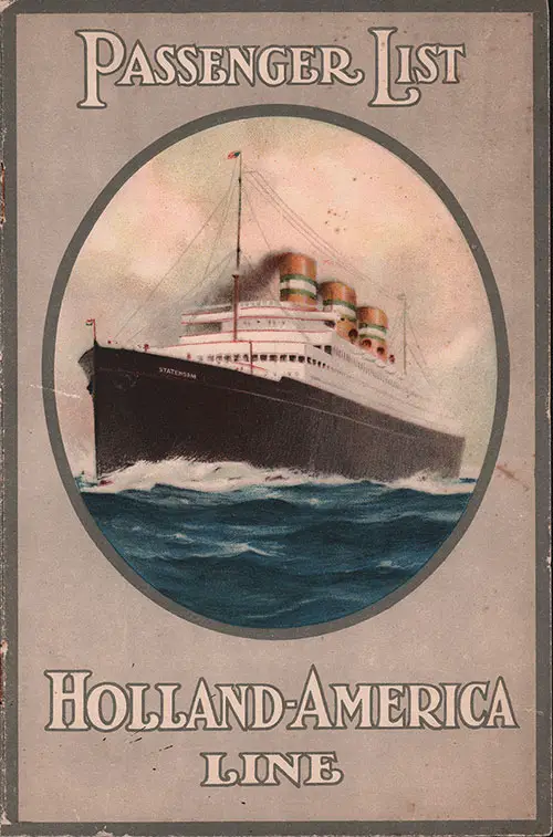 Front Cover of a Cabin Passenger List for the SS Rotterdam of the Holland-America Line, Departing 29 May 1929 from Rotterdam to New York via Boulogne-sur-Mer and Southampton