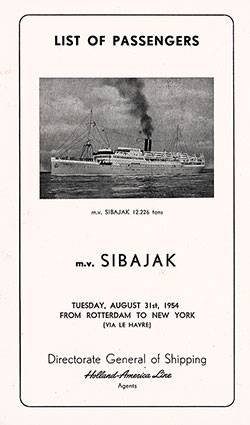 Front Cover of a Unique Passenger List for the M.V. Sibajak chartered by the Holland-America Line, Departing 31 August 1954 from Rotterdam to New York via Le Havre