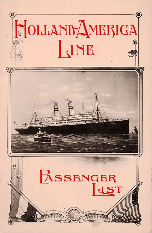 Front Cover of a Holland-America Line Passenger List Featuring the TSS Statendam Showing a Tug Boat Pulling Away from the Ship.