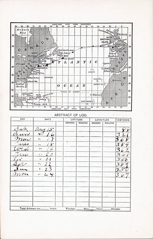 Atlantic Ocean Track Chart and Completed Abstract of Log of the 15 August 1908 Voyage of the SS Statendam of the Holland-America Line.