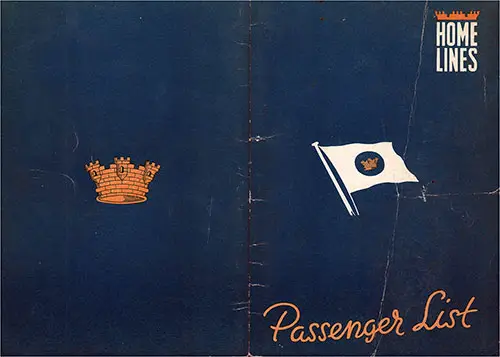 Cover, Home Lines MS Italia Tourist Class Passenger List - 20 October 1952.