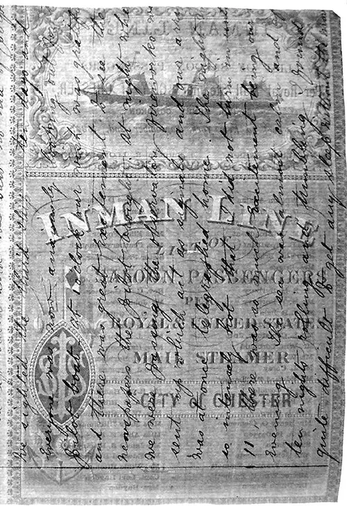 Front Cover, Inman Line RMS City of Chester Saloon Passenger List - 2 September 1884.