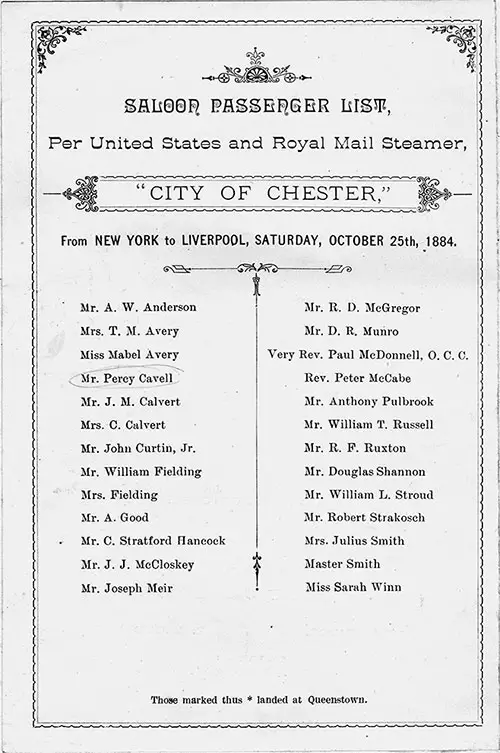 Saloon Passengers, Inman Line SS City of Chester Saloon Passenger List - 25 October 1884.