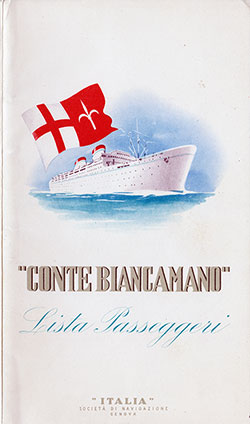 Front Cover of a Cabin Class Passenger List from the SS Conte Biancamano of the Italian Steamship Lines, Departing 11 August 1950 from Genoa to New York via Naples, Gibraltar, and Lisbon