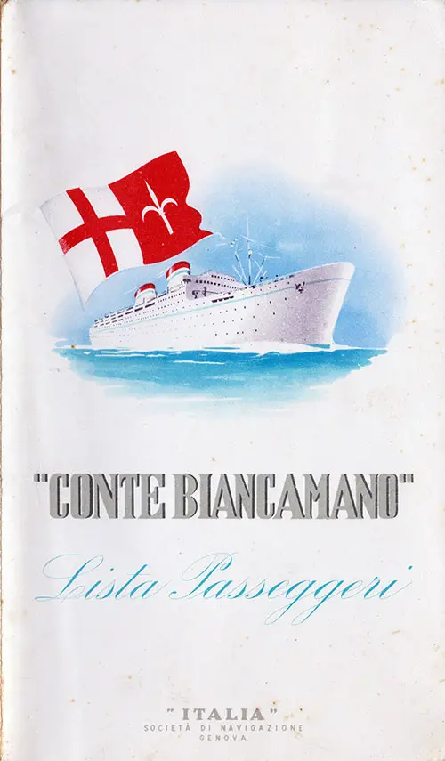 Front Cover - 14 September 1950 Passenger List, SS Conte Biancamano, Italia Line
