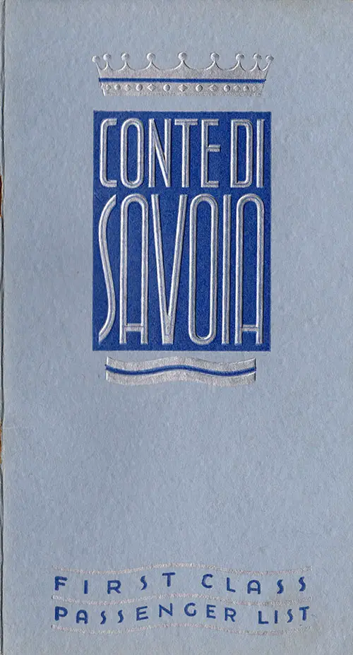 Front Cover - 6 March 1937 Passenger List, SS Conte di Savoia, Italia Line