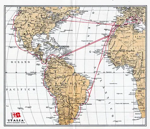 Route Map Included in the Italian Steamship Lines SS Conte Grande First Class Passenger List - 30 March 1952.