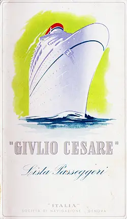 Front Cover of a Second Class Passenger List from the SS Giulio Cesare of the Italia Line, Departing 22 May 1952 from Buenos Aires to Genoa via Barcelona and Villfranca