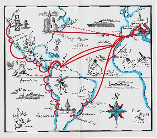 Track Chart, Italia Line SS Giulio Cesare Second Class Passenger List - 22 May 1952.