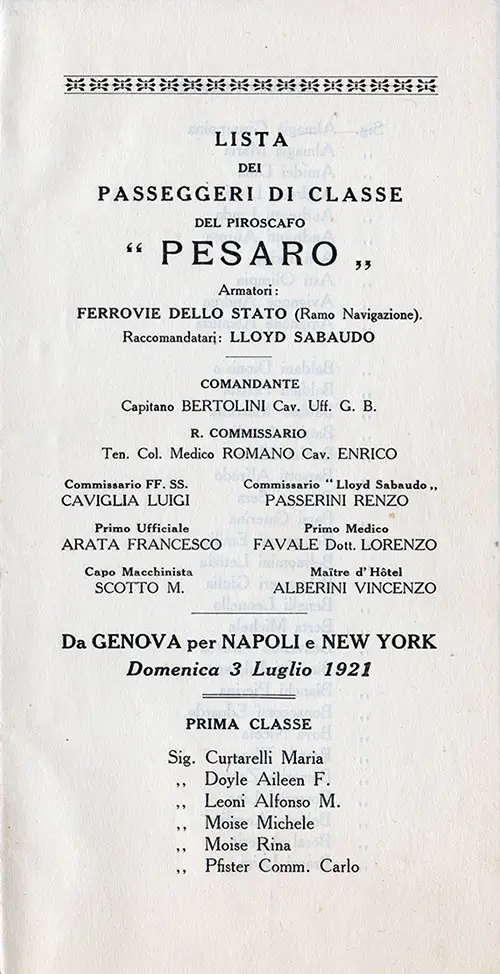 Front Cover of a Cabin Class Passenger List from the SS Pesaro of the Lloyd Sabaudo, Departing 03 July 1921 from Genoa to New York via Naples