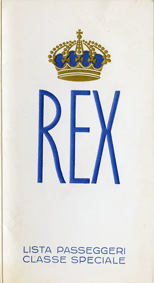 Front Cover - 21 August 1935 Passenger List, SS Rex, Italia Line