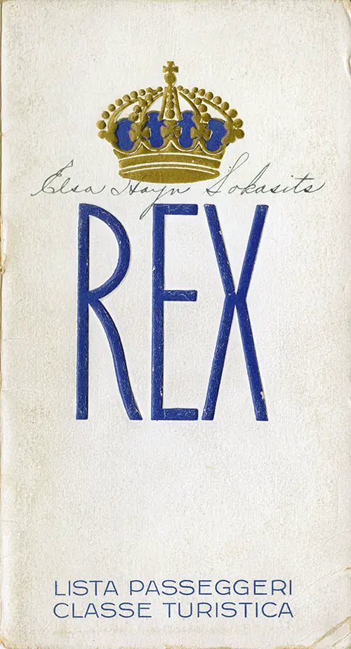 Front Cover of a Tourist Class Passenger List for the SS Rex of the Italia Line, Departing 6 October 1939 From Genoa to New York.
