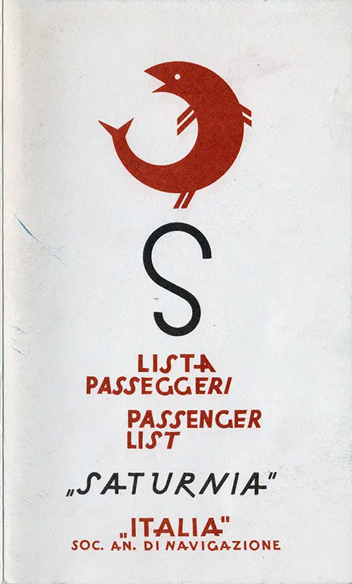 Front Cover of a First Class Passenger List For The SS Saturnia of the Italia Line, Departing 22 July 1949 from Genoa to New York