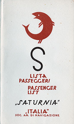 Front Cover of a First Class Passenger List for the SS Saturnia of the Italia Line, Departing 4 July 1950 From Genoa to New York.
