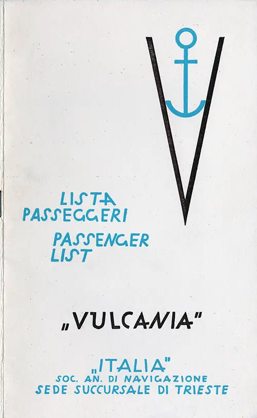 Front Cover, Passenger List, SS Vulcania, Italia Steamship Line, July 1938