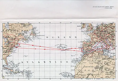 Italia Societa Anonima di Navigazione Route Map. SS Vulcania Passenger List, 25 May 1951.