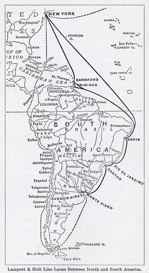 Route Map Included in the Lamport & Holt Line SS Vandyck First Class Passenger List for 9 July 1914.