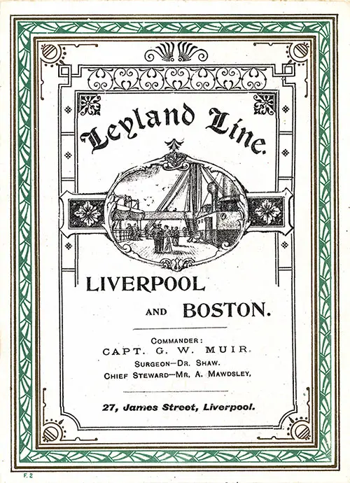Front Cover, Saloon Passenger List for the SS Hanoverian of the Leyland Line dated 23 August 1902.