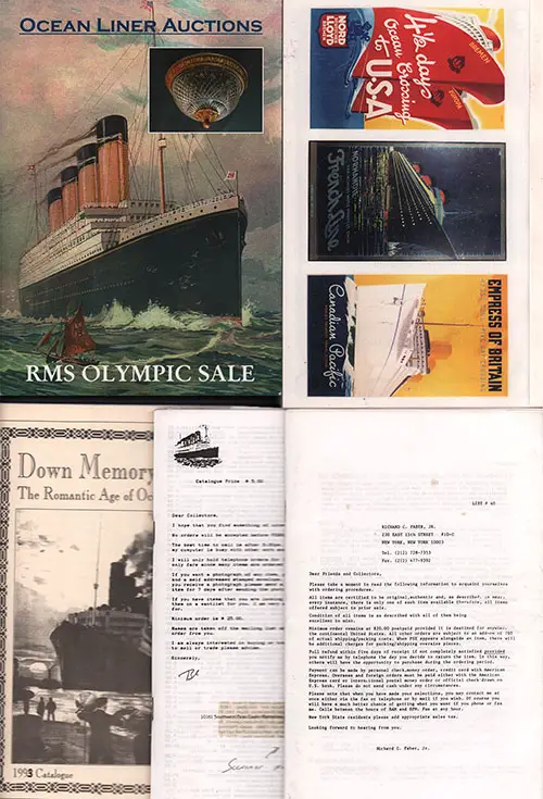 Collage of Ocean Liner Ephemera Catalogs from the 1990s.