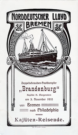 Front Cover of a Cabin Passenger List from the SS Brandenburg of the Norddeutscher Lloyd, Sailing from Bremen to Philadelphia on 3 November 1910.